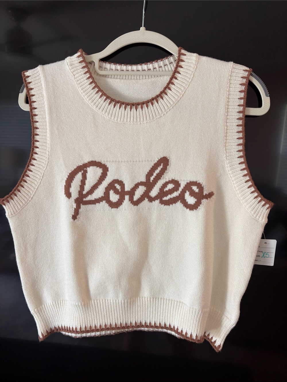 Cream Rodeo Knit Sweater Vest with Brown Trim